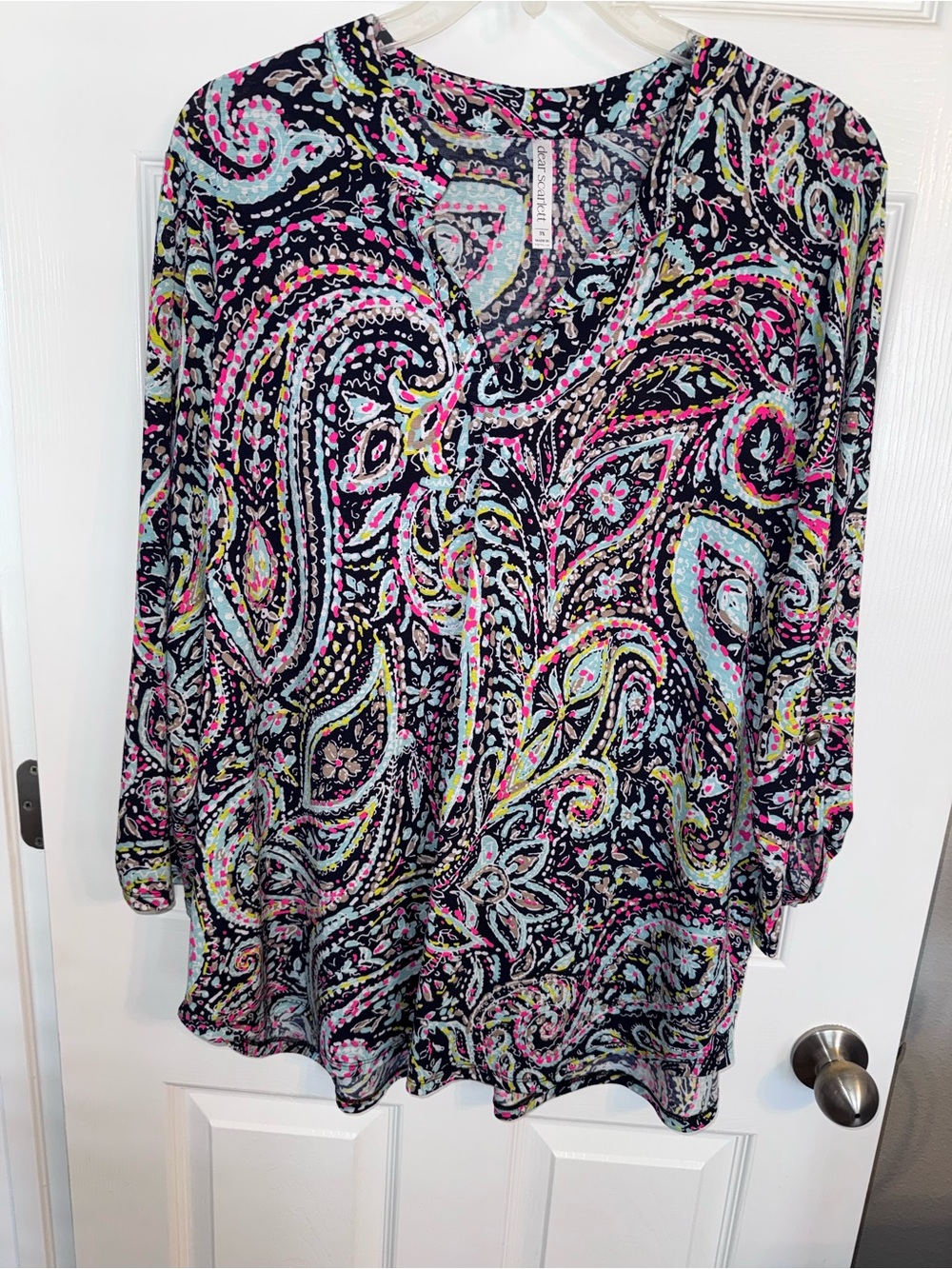 Women’s Paisley Tunic Top in Navy with Pink & Aqua Accents